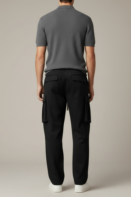 Pantalon Chino Noir Cargo Ample Décontracté Cordon - Polyester - vue 2