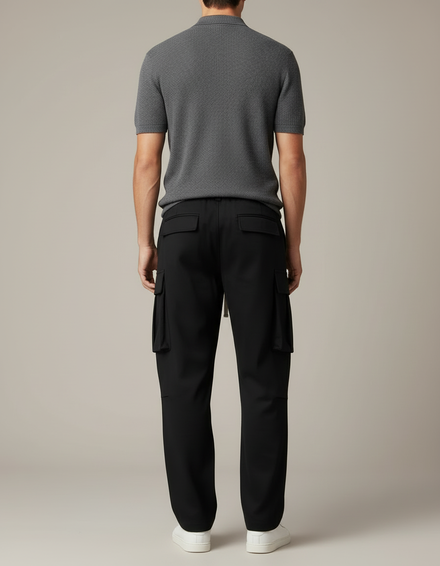 Pantalon Chino Noir Cargo Ample Décontracté Cordon - Polyester - vue 2