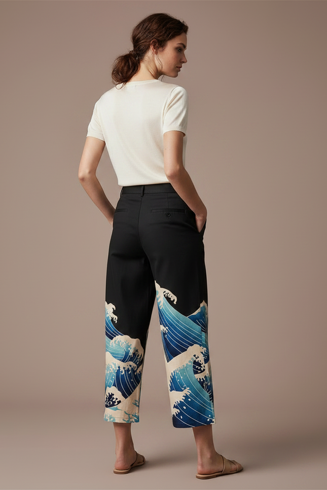 Pantalon Chino Noir Ample Imprimé Vague Japonais Fluide - Gabardine - vue 2