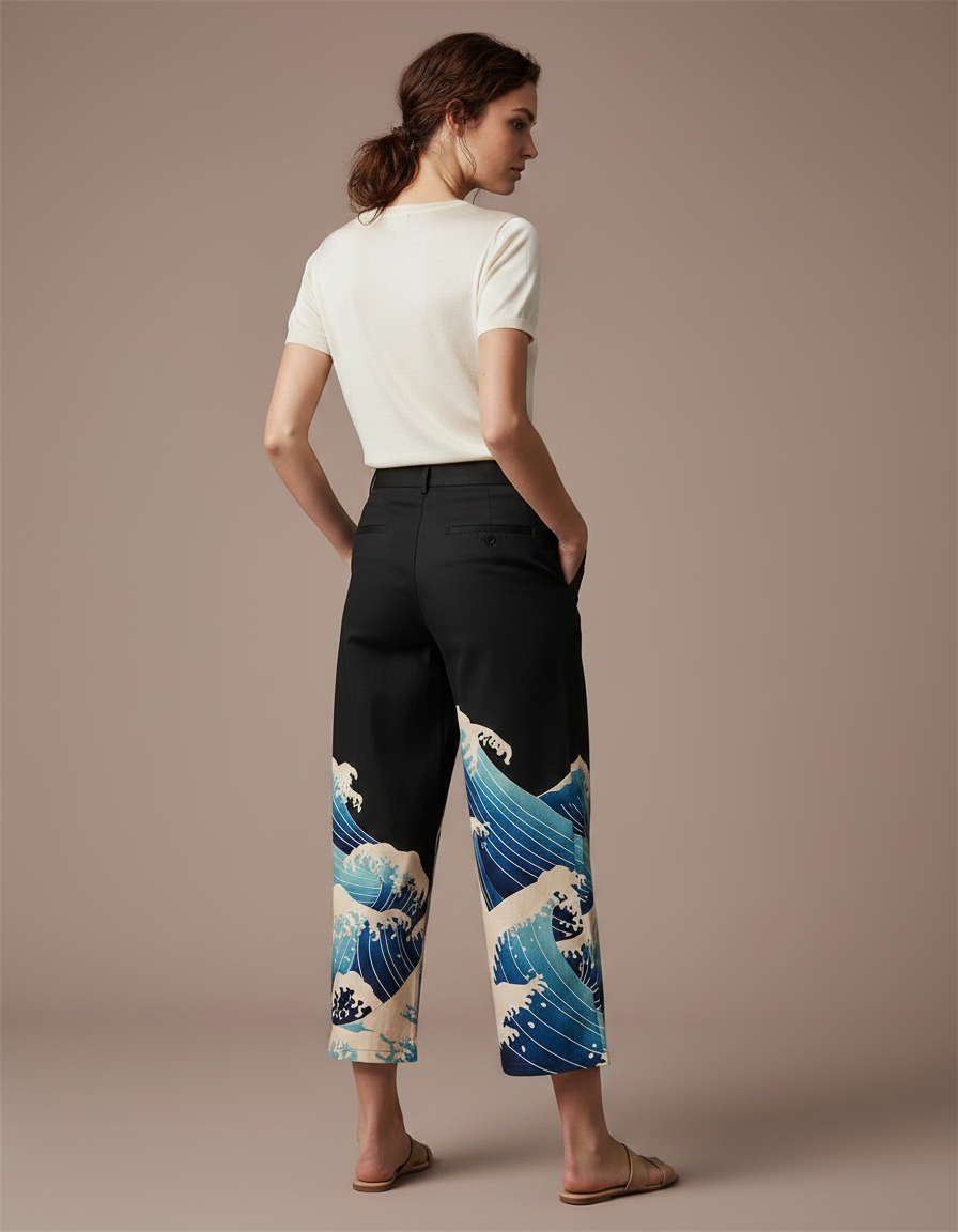 Pantalon Chino Noir Ample Imprimé Vague Japonais Fluide - Gabardine - vue 2