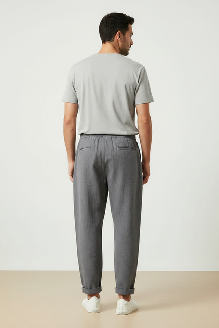 Pantalon Chino Gris Coton Lin Ample Décontracté Homme - vue 2