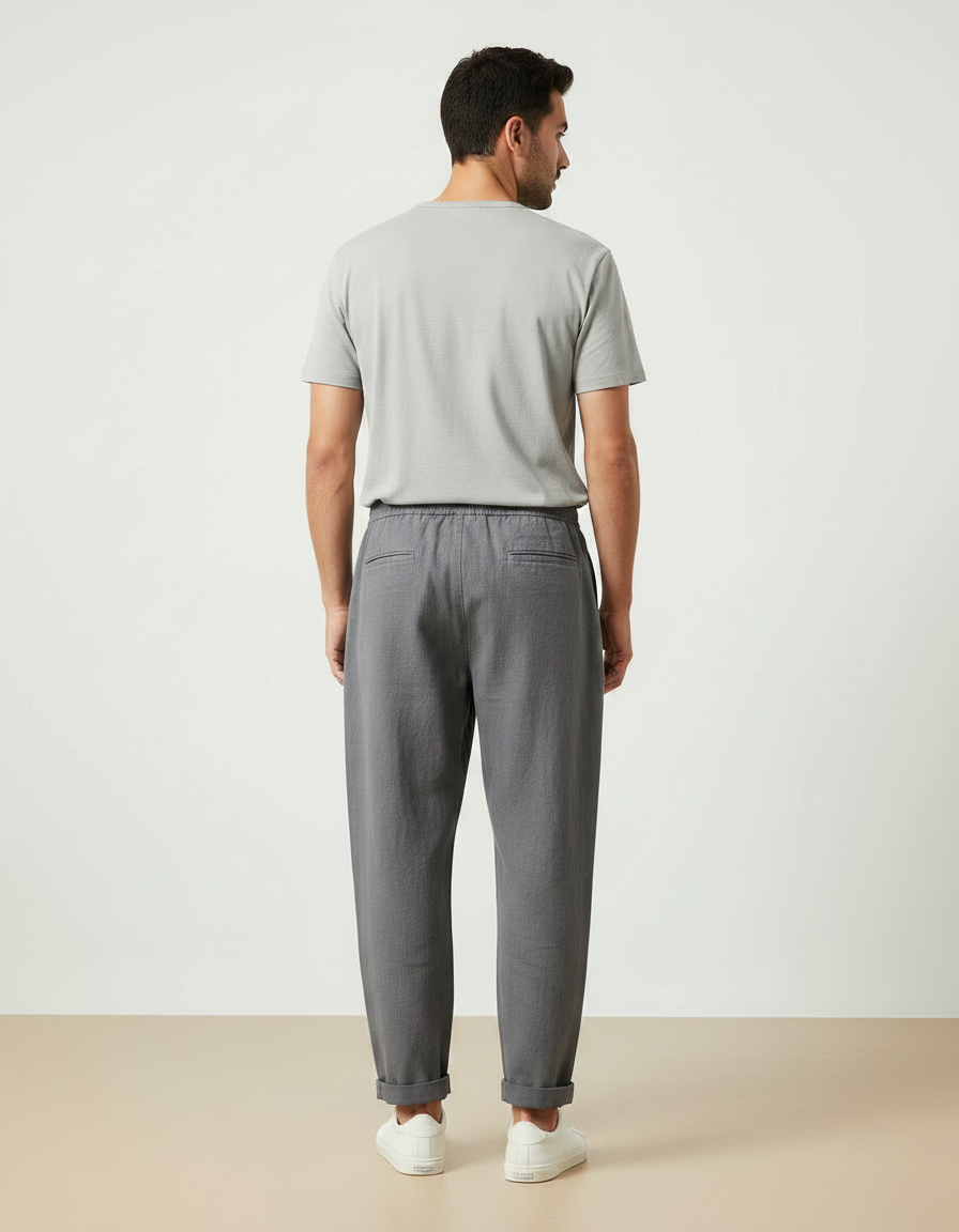 Pantalon Chino Gris Coton Lin Ample Décontracté Homme - vue 2