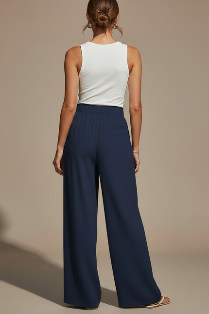 Pantalon Chino Bleu Marine Ample Fluide Décontracté Femme - Polyester - vue 2