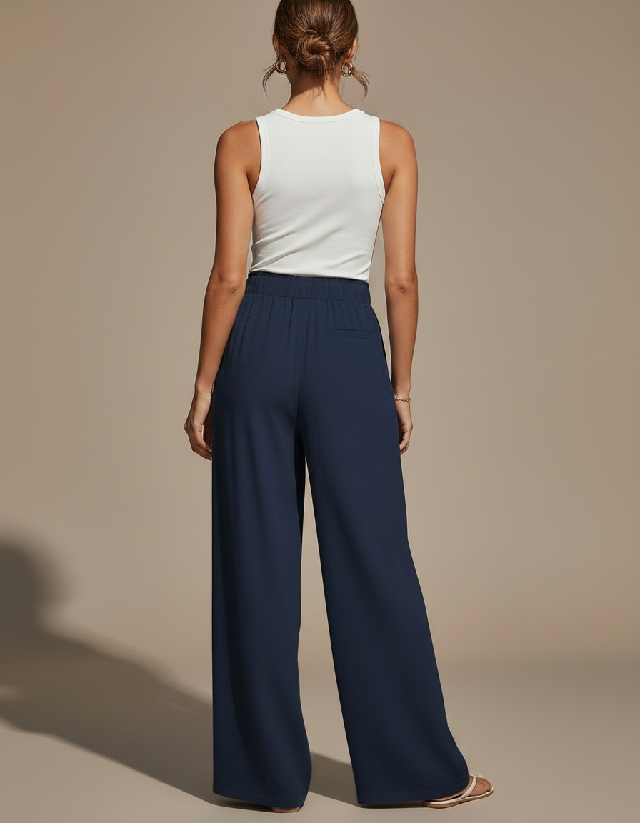 Pantalon Chino Bleu Marine Ample Fluide Décontracté Femme - Polyester - vue 2