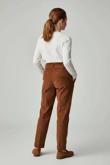 Pantalon Chino Marron Côtelé Plissé Ample Fille - Cordé - vue 2