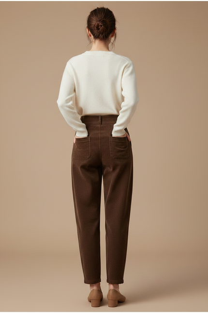 Pantalon Chino Marron Côtelé Plissé Ample Femme - Cordé - vue 2