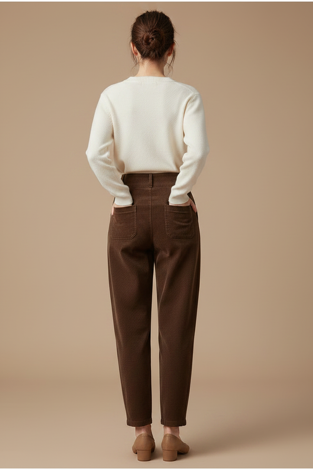 Pantalon Chino Marron Côtelé Plissé Ample Femme - Cordé - vue 2