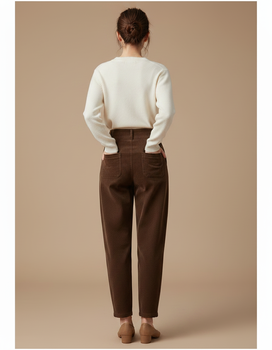 Pantalon Chino Marron Côtelé Plissé Ample Femme - Cordé - vue 2