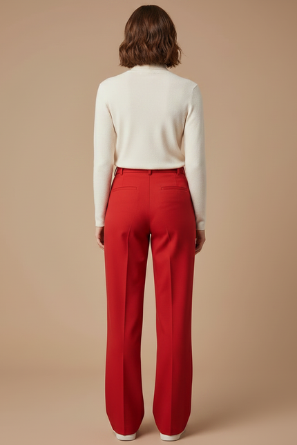 Pantalon Chino Rouge Évasé Taille Haute Femme Chic - Gabardine - vue 2