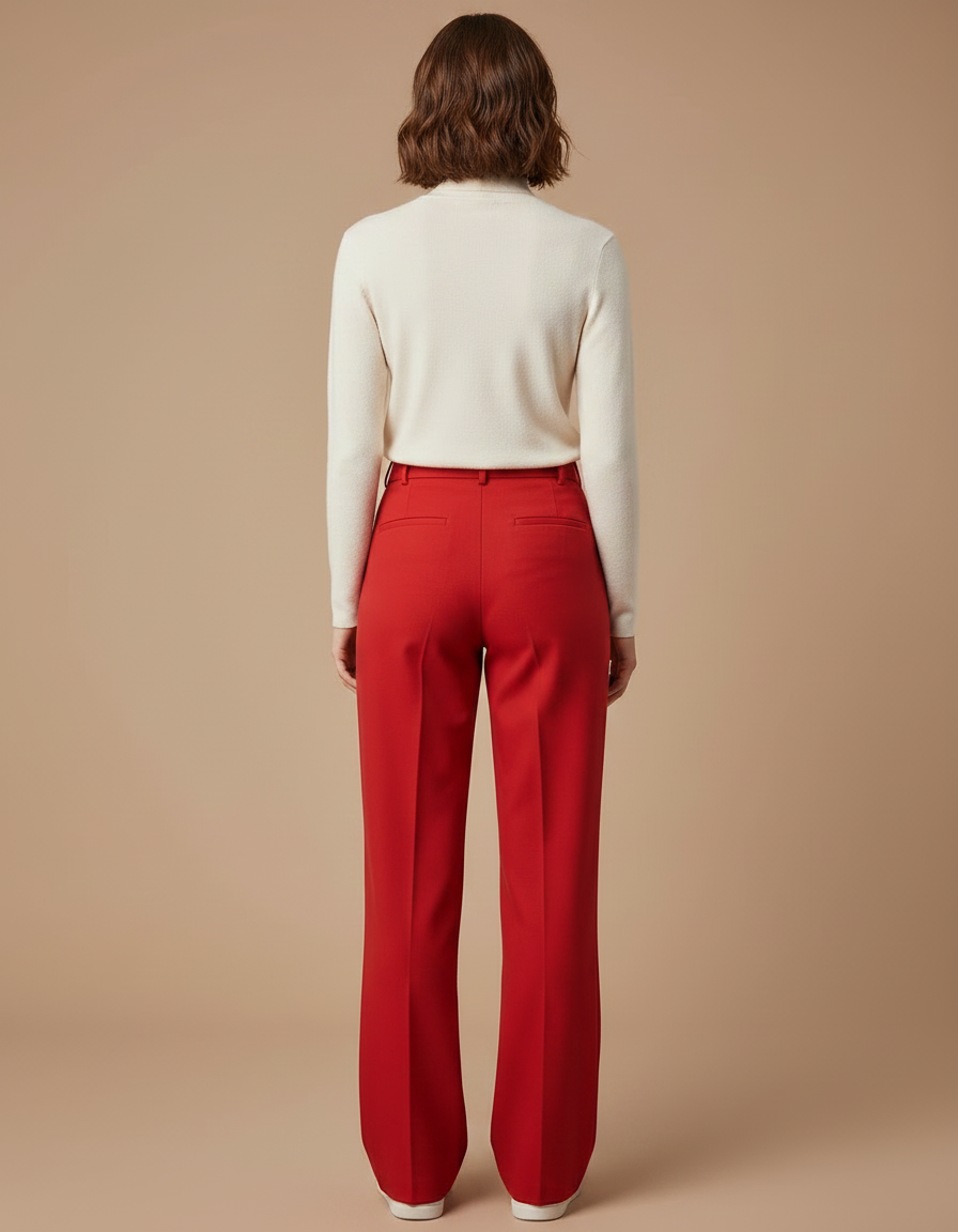 Pantalon Chino Rouge Évasé Taille Haute Femme Chic - Gabardine - vue 2