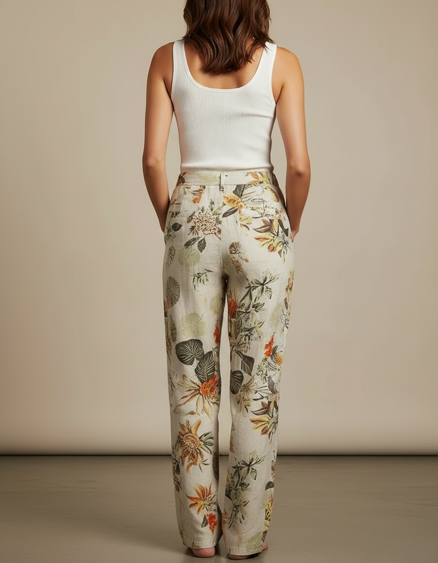 Pantalon Chino Beige Imprimé Floral Fluide Cordon - Lin - vue 2