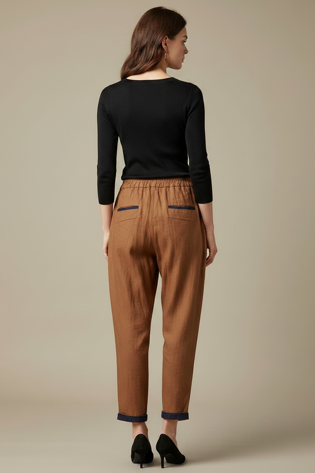 Pantalon Chino Marron Ample Lin Coton Décontracté - vue 2