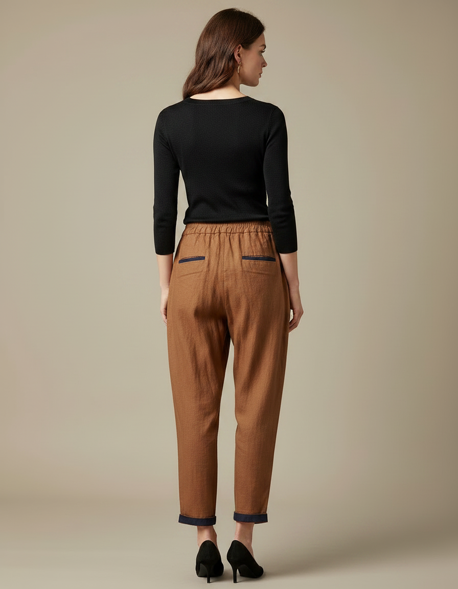 Pantalon Chino Marron Ample Lin Coton Décontracté - vue 2