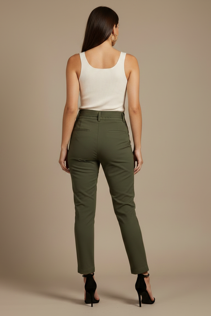 Pantalon Chino Kaki Taille Haute Femme Cordon - Gabardine - vue 2