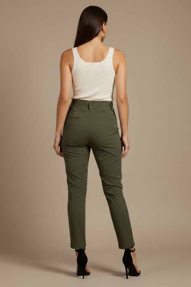 Pantalon Chino Kaki Taille Haute Femme Cordon - Gabardine - vue 2
