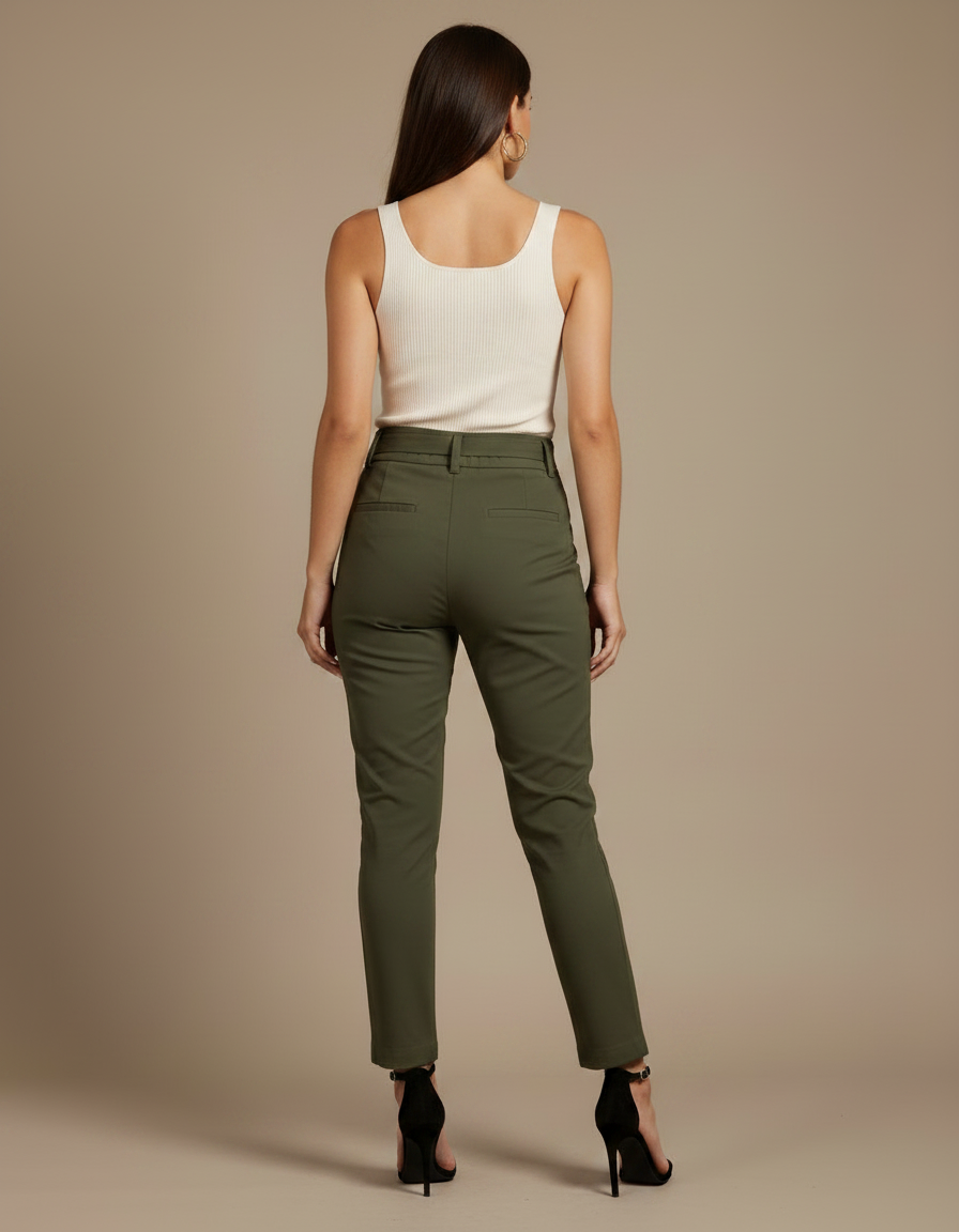 Pantalon Chino Kaki Taille Haute Femme Cordon - Gabardine - vue 2