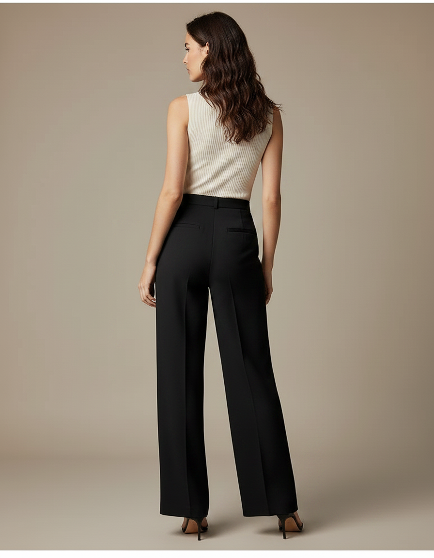 Pantalon Chino Noir Taille Haute Ample Élégant Femme - Polyester - vue 2