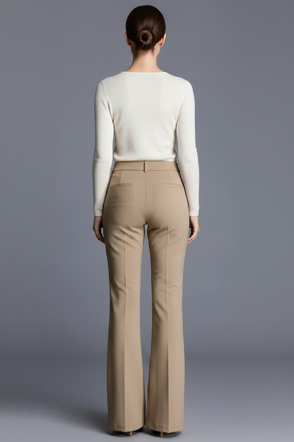 Pantalon Chino Kaki Évasé Taille Haute Élégant Femme - Gabardine - vue 2