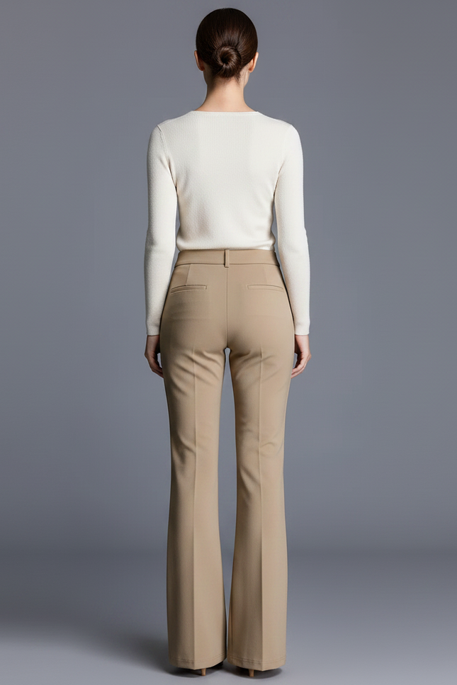 Pantalon Chino Kaki Évasé Taille Haute Élégant Femme - Gabardine - vue 2