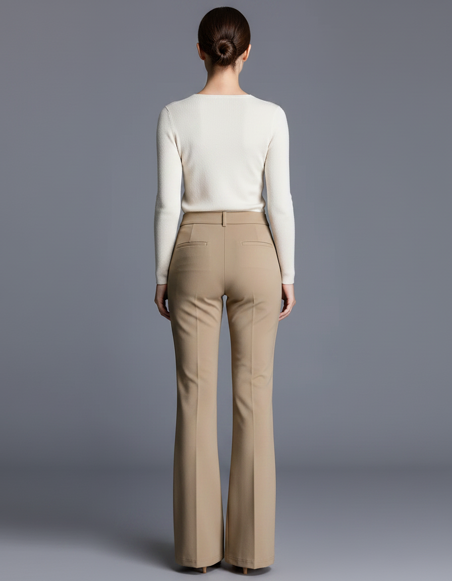 Pantalon Chino Kaki Évasé Taille Haute Élégant Femme - Gabardine - vue 2