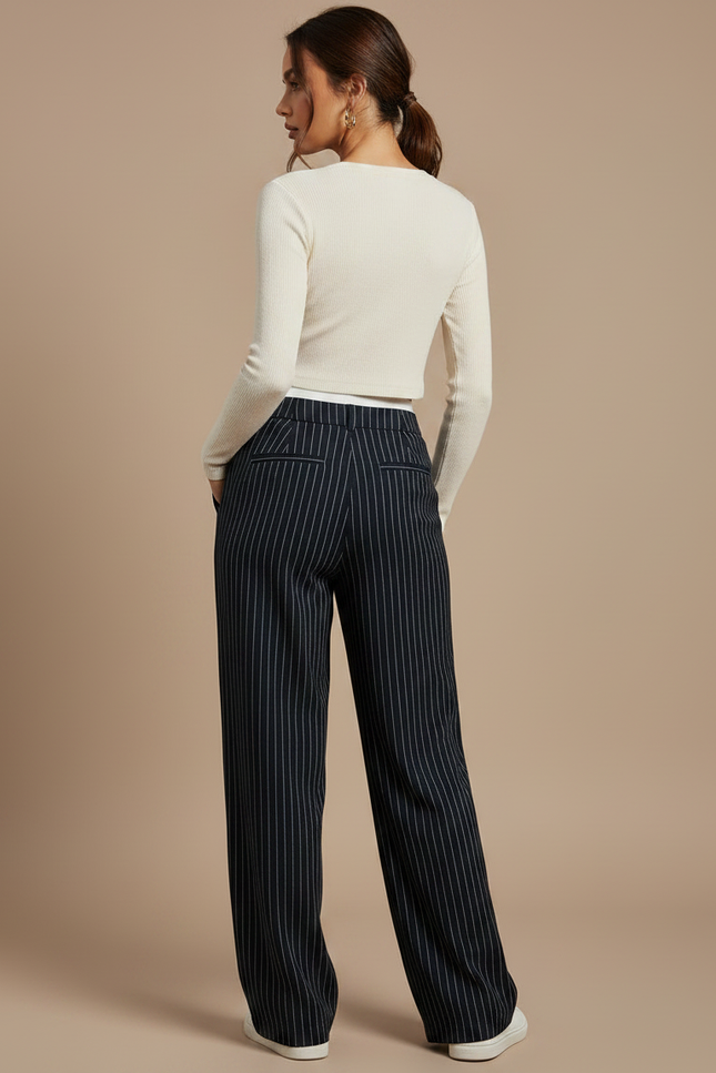 Pantalon Chino Noir Rayé Fluide Taille Haute Élégant - Polyester - vue 2