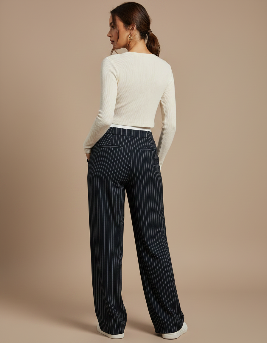 Pantalon Chino Noir Rayé Fluide Taille Haute Élégant - Polyester - vue 2