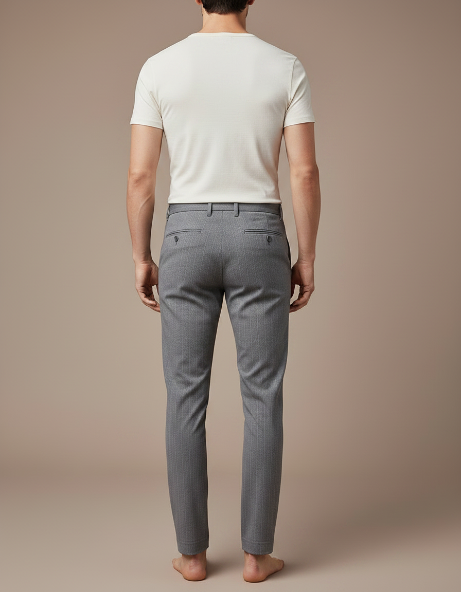 Pantalon Chino Gris Slim Rayé Élégant Décontracté - Laine - vue 2