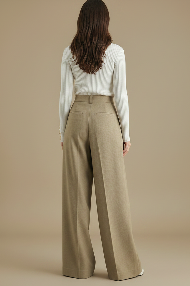 Pantalon Chino Beige Plissé Ample Élégant Femme - Kaki Laine - vue 2