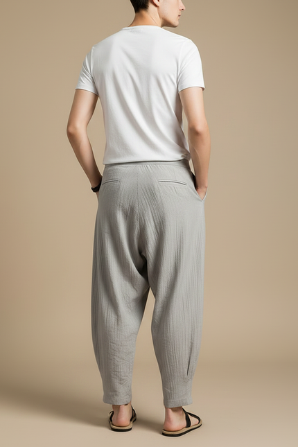 Pantalon Chino Gris Lin Ample Harem Décontracté Homme - vue 2