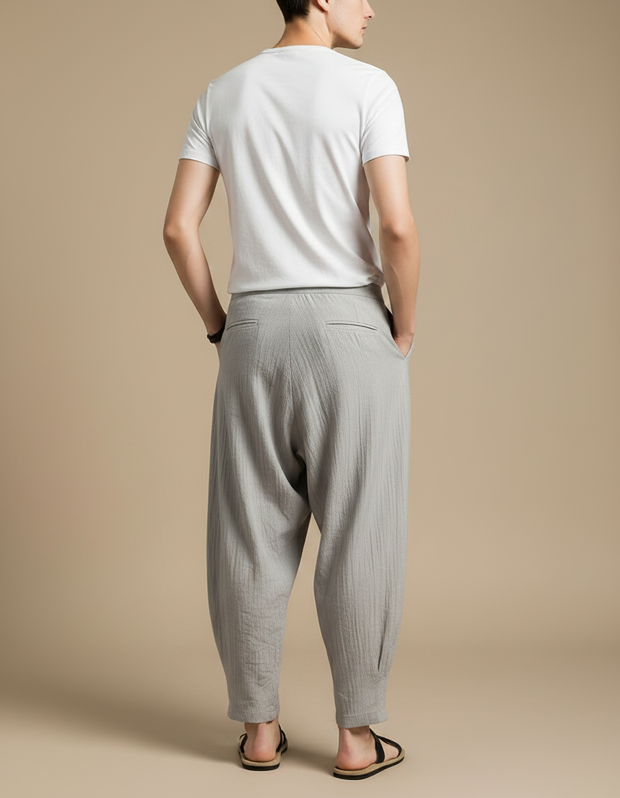 Pantalon Chino Gris Lin Ample Harem Décontracté Homme - vue 2