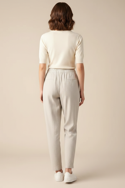 Pantalon Chino Femme Lin Coton Ample Beige Décontracté - vue 2