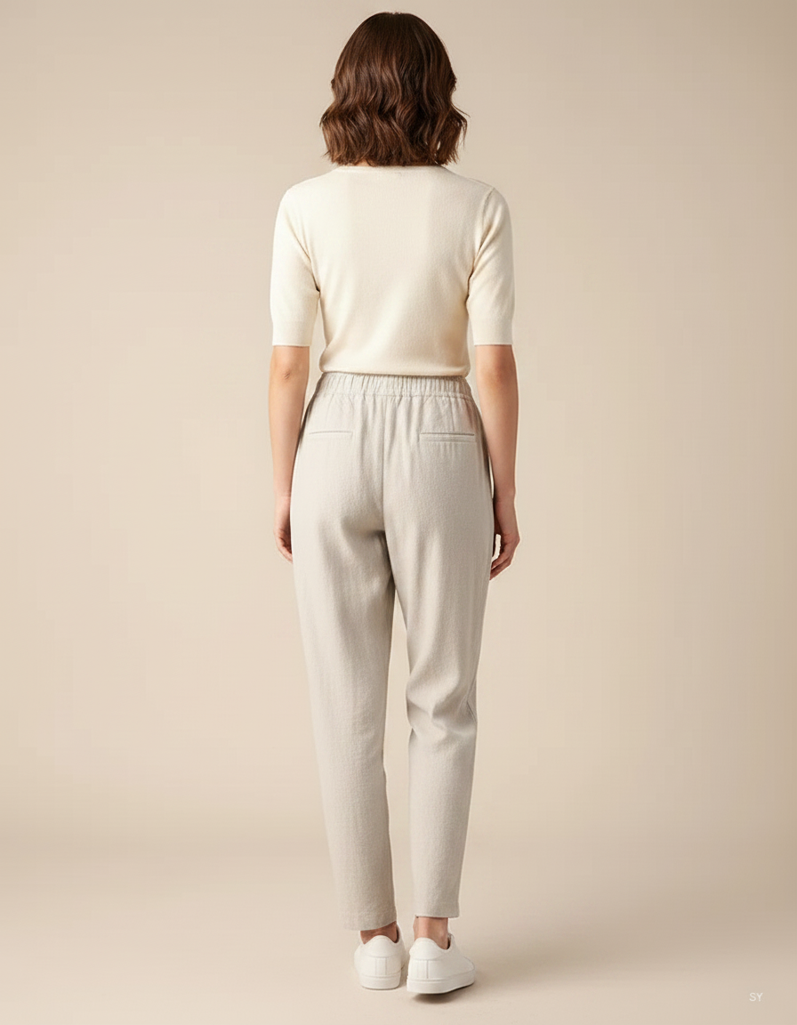 Pantalon Chino Femme Lin Coton Ample Beige Décontracté - vue 2