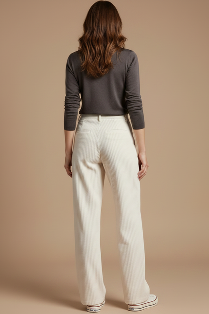 Pantalon Chino Crème Côtelé Ample Décontracté Femme - Beige Cordé - vue 2