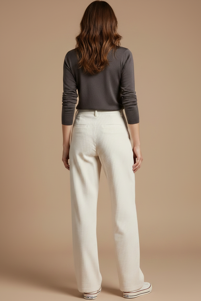 Pantalon Chino Crème Côtelé Ample Décontracté Femme - Beige Cordé - vue 2