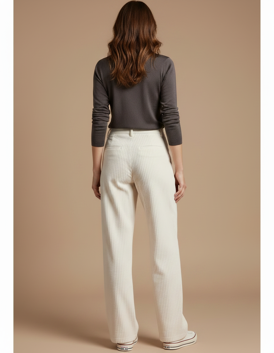 Pantalon Chino Crème Côtelé Ample Décontracté Femme - Beige Cordé - vue 2