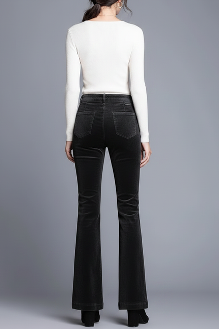Pantalon Chino Noir Côtelé Évasé Femme Élégant - Cordé - vue 2
