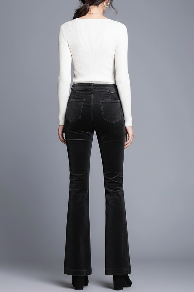 Pantalon Chino Noir Côtelé Évasé Femme Élégant - Cordé - vue 2