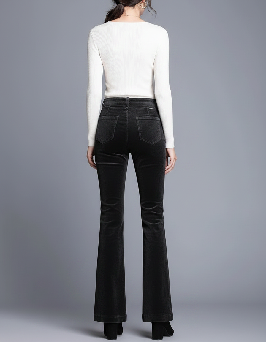 Pantalon Chino Noir Côtelé Évasé Femme Élégant - Cordé - vue 2