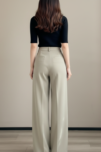 Pantalon Chino Beige Ample Taille Haute Fluide Élégant - Kaki Polyester - vue 2