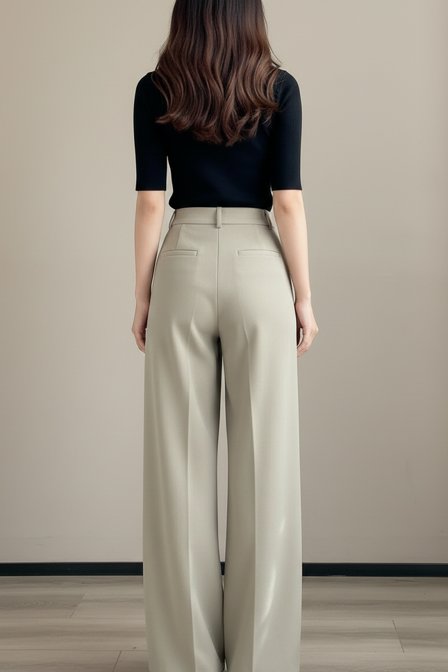 Pantalon Chino Beige Ample Taille Haute Fluide Élégant - Kaki Polyester - vue 2