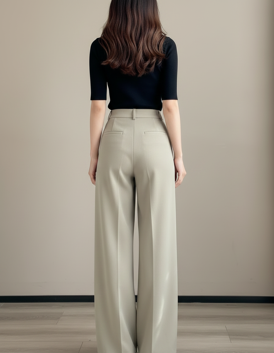 Pantalon Chino Beige Ample Taille Haute Fluide Élégant - Kaki Polyester - vue 2