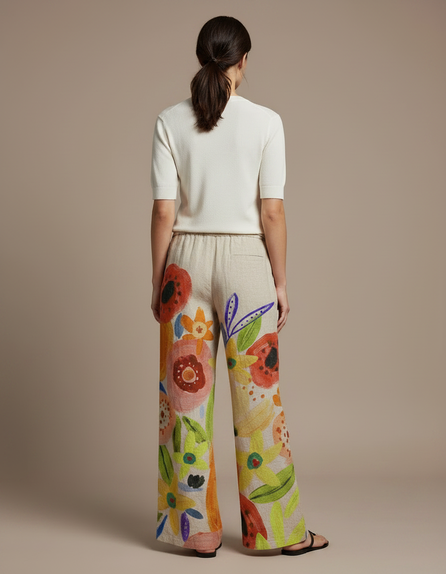 Pantalon Chino Lin Ample Imprimé Floral Bohème Femme - Multicolore - vue 2