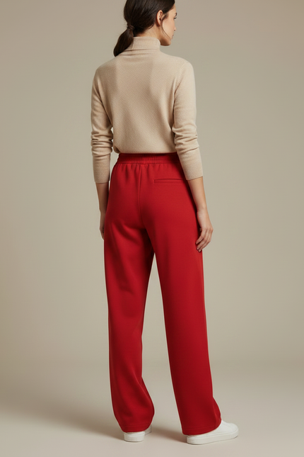 Pantalon Chino Rouge Ample Taille Haute Décontracté Femme - Molleton - vue 2
