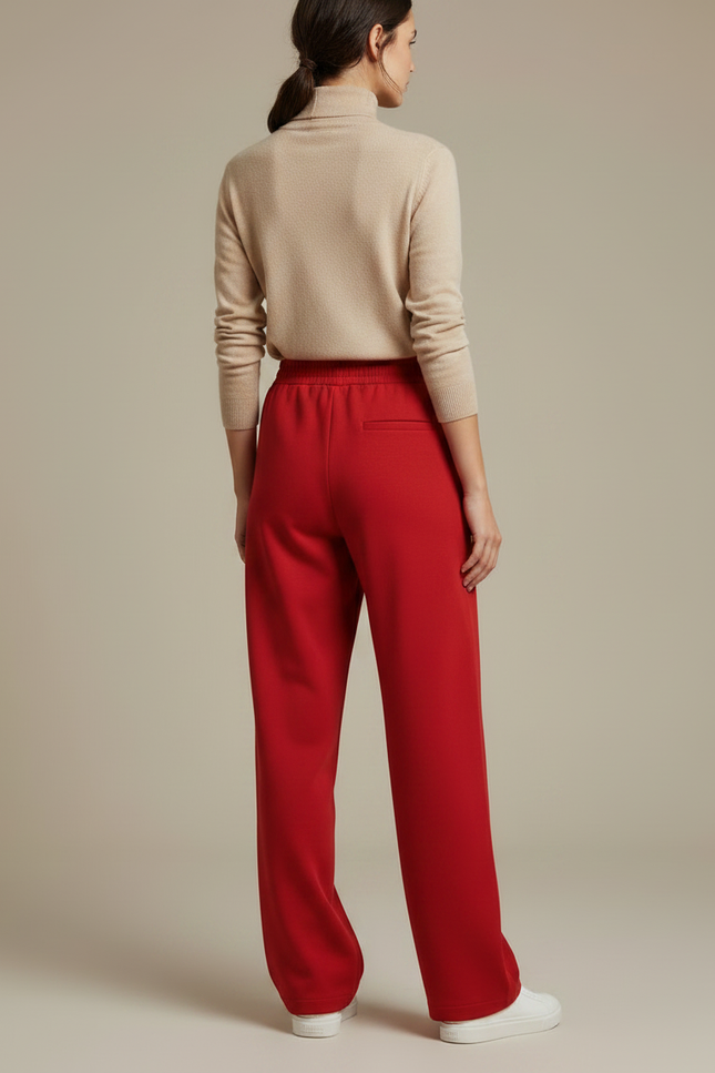 Pantalon Chino Rouge Ample Taille Haute Décontracté Femme - Molleton - vue 2