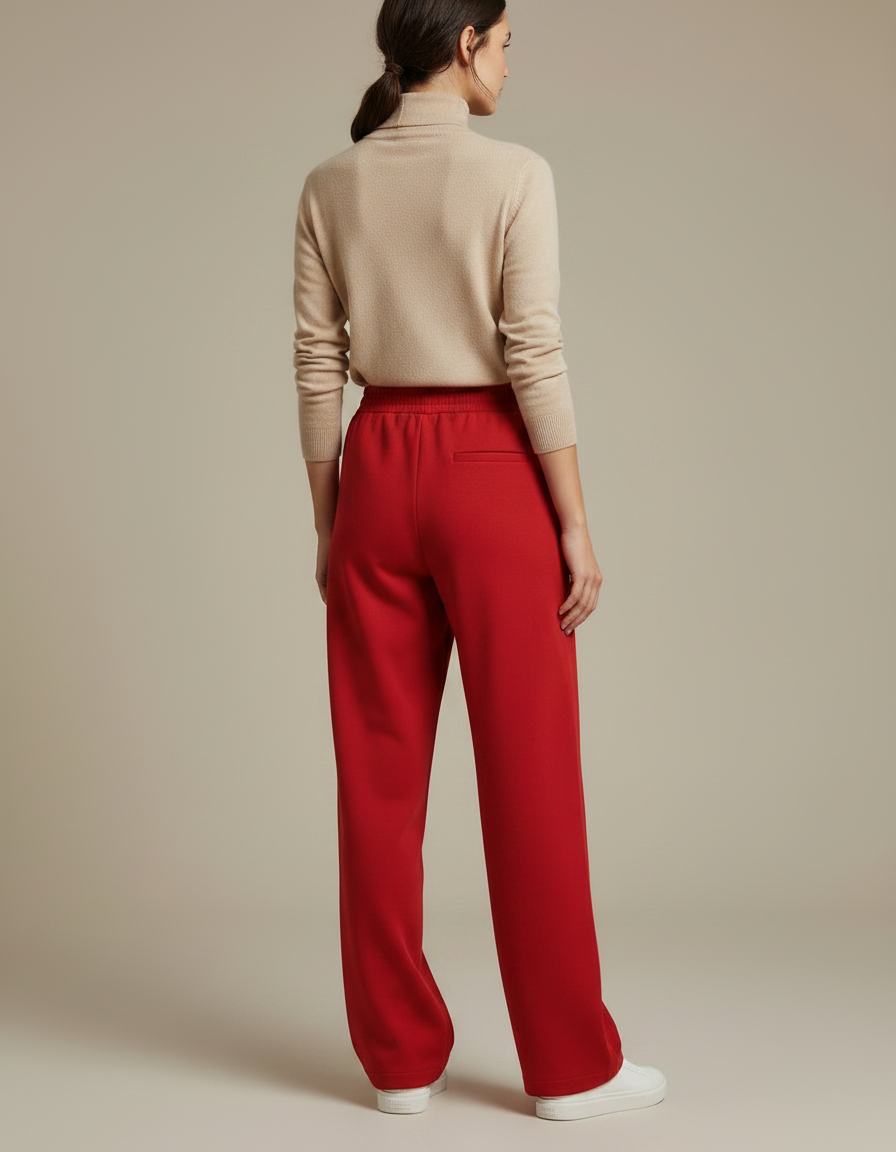 Pantalon Chino Rouge Ample Taille Haute Décontracté Femme - Molleton - vue 2