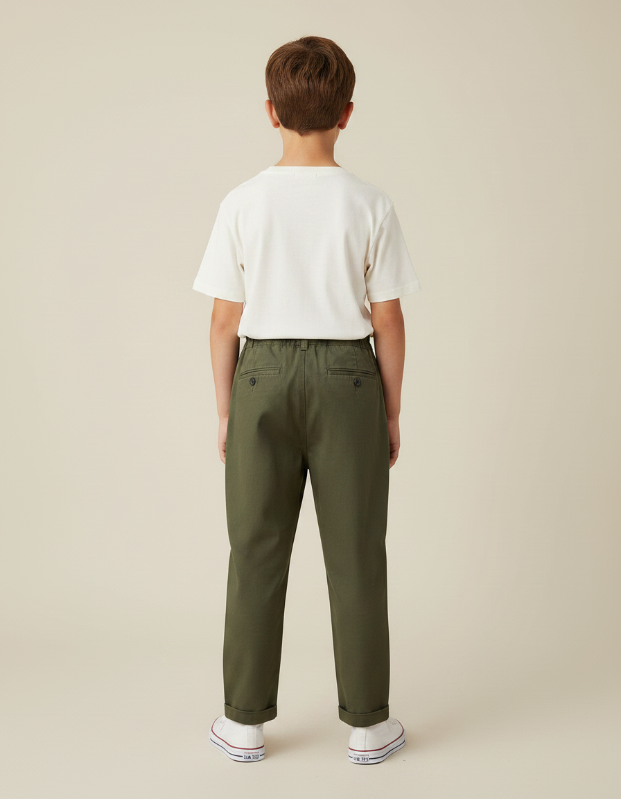 Pantalon Chino Vert Olive Ample Coton Enfant - Kaki - vue 2