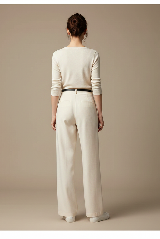 Pantalon Chino Écru Ample Fluide Taille Haute Femme - Beige Gabardine - vue 2