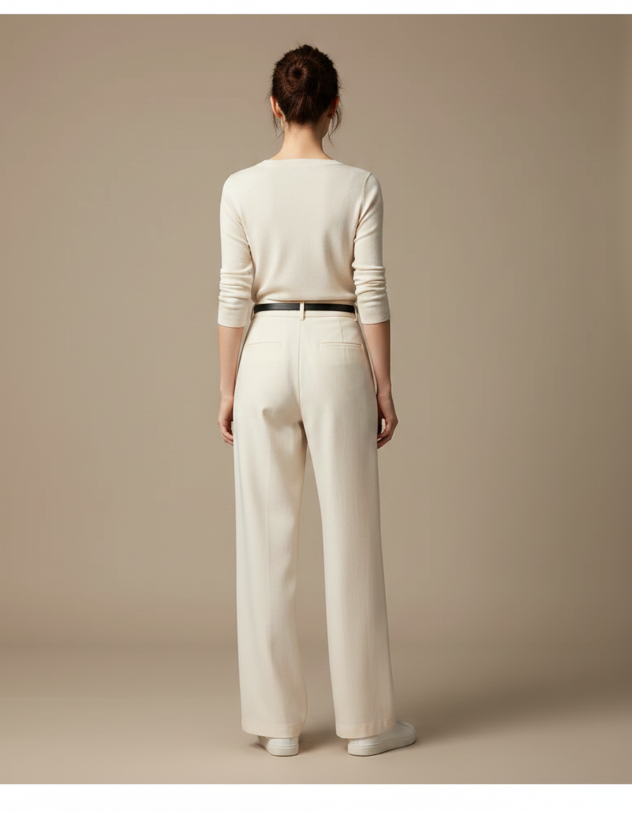 Pantalon Chino Écru Ample Fluide Taille Haute Femme - Beige Gabardine - vue 2