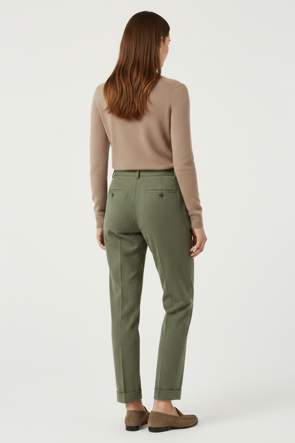 Pantalon Chino Vert Olive, Plissé, Taille Haute, Femme - Tweed - vue 2