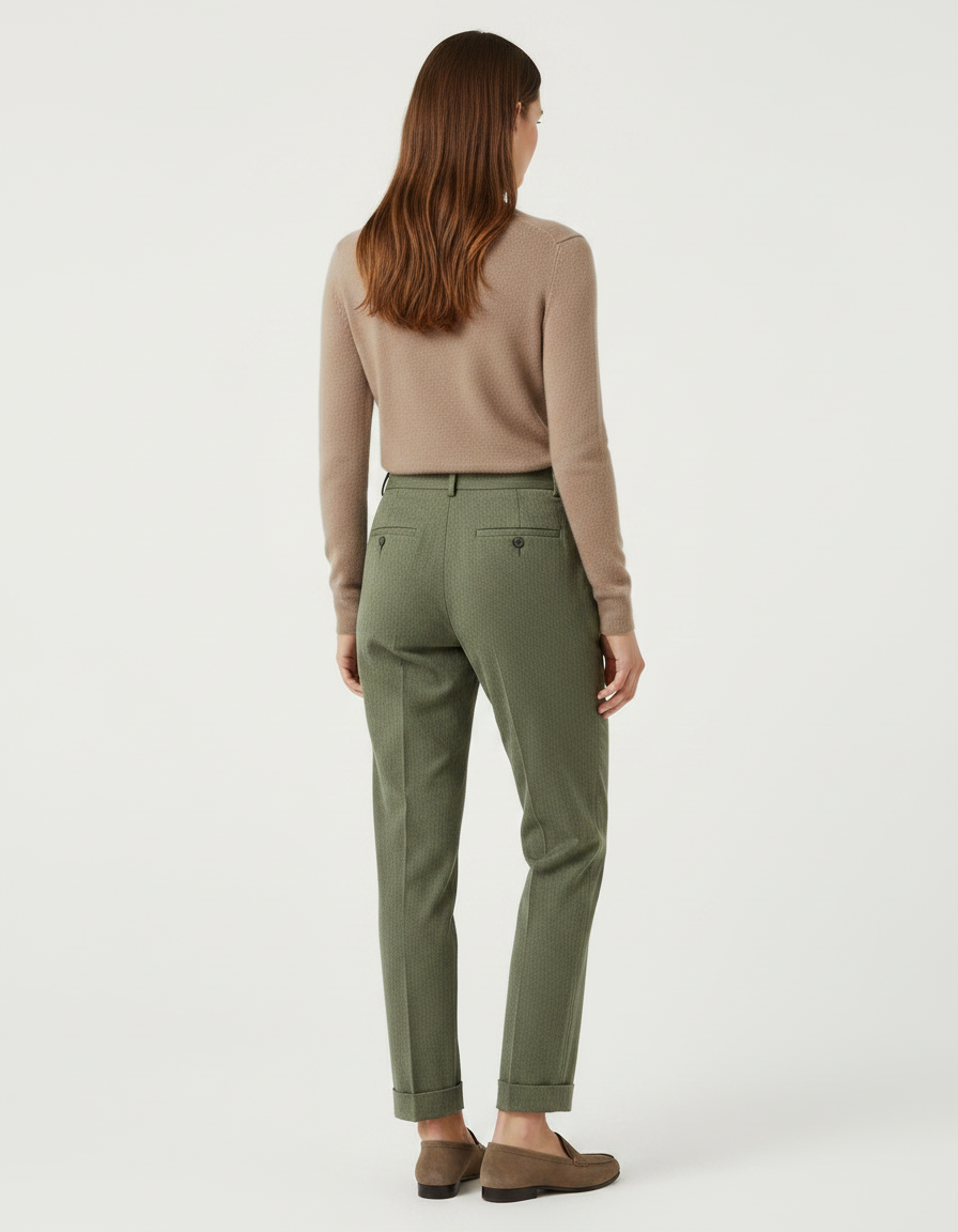 Pantalon Chino Vert Olive, Plissé, Taille Haute, Femme - Tweed - vue 2